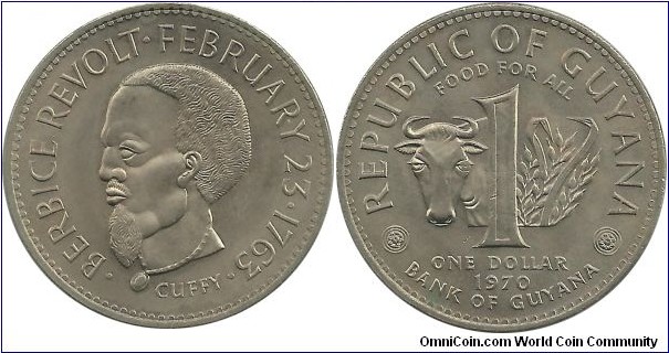 Guyana 1 Dollar 1970-FAO - Cuffy, or Kofi (died in 1763), was an Akan person who was captured in his native West Africa and sold into slavery to work in the plantations of the Dutch colony of Berbice in present-day Guyana. He became famous because in 1763 he led a revolt of more than 2,500 slaves against the colony regime. He is also a national hero in Guyana.