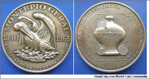 1965 Portugal Montepio Geral Associacao Mutualista Bank Medal by M. Norte. Bronze: 80MM
