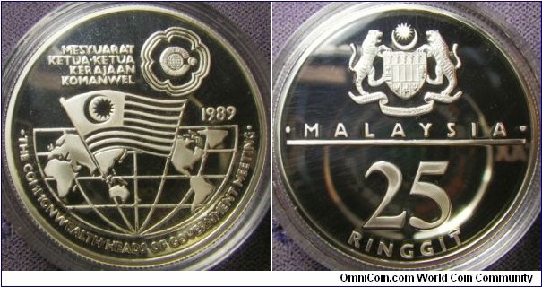 Malaysia 1989 25 ringgit commemorating Commonwealth Heads of Government Meeting. Weight: 21.7g. 