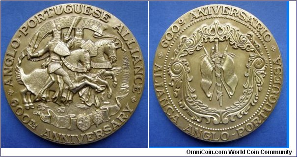 1973 600th Anniversary Anglo-Portuguese Alliance Treaty of 1373 Medal by Vasco Berardo. Bronze: 90MM./297 gm.
