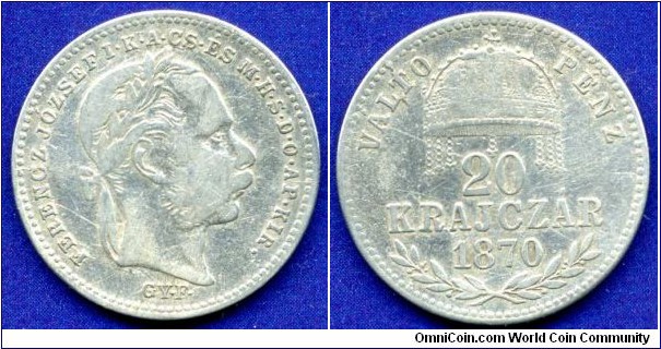 20 krajczar.
Austro-Hungary Empire.
Franc Ioseph I (1848-1916).
Version: with legend on obvers *FERENCZ JOZSEF I.K.A.CS.ES M.H.S.D.O.AP.KIR*.
Reverse: *VALTO PENZ*.
*GY.F* - Gyulafehervar (Karlovskiy Belehrad, Karlsburg) mint.


Ag500f. 2,66gr.
