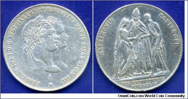 Gulden (1/2 Thaler).
Austrian Empire.
Memorable Gulden to the Wedding of the Emperor Franz Joseph I and Elisabeth of Bavaria.
*A* - Wien mint.


Ag900f. 13,00gr.