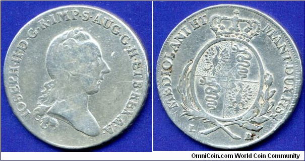 Scudo (Tallaro, 6 Lire).
Austrian Northen Italy.
Ioseph II (1765-1790), Emperor of Holy Roman Empire.
*LB* - Milan mint.


Ag896f. 23,10gr.


