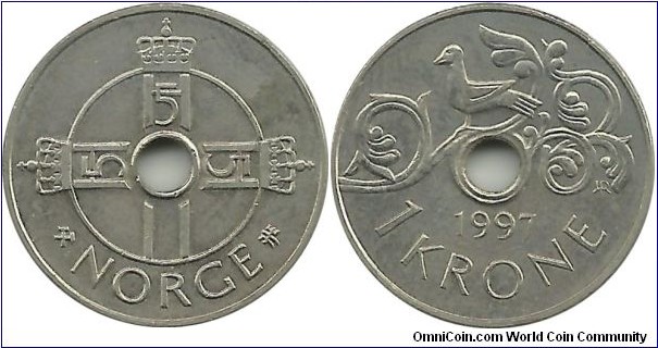 Norway 1 Krone 1997 - King Harald V - with mint marks