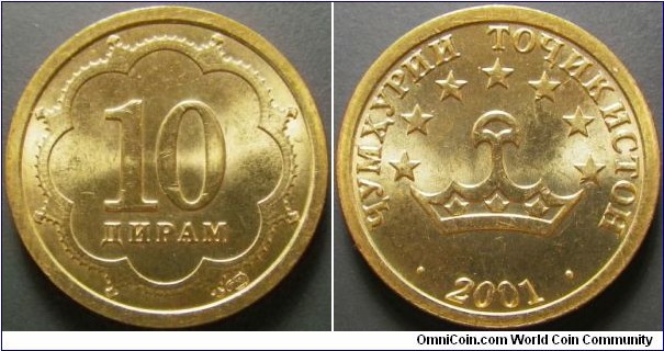 Tajikistan 2001 10 diram. Weight: 2.48g