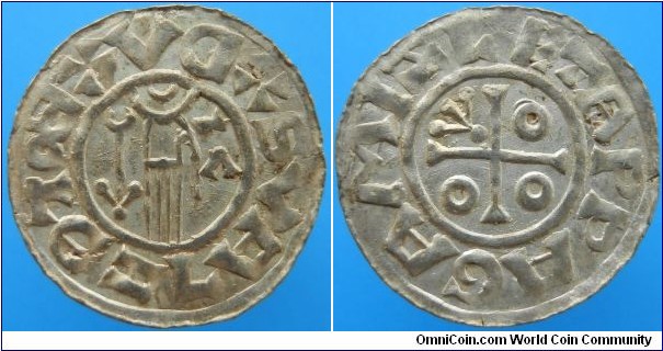 Bohemia,
Duke Boleslav II. 967/972-999,
AR denarius, 1,126g,
Prague mint, mintmaster Mizleta, minted about 987-992