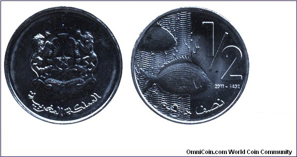 Morocco, 1/2 dirham, 2011, Ni-Steel, 21mm, 4g, Fish.