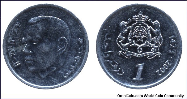 Morocco, 1 dirham, 2002, Cu-Ni, 24mm, 6g, King Mohammed VI.