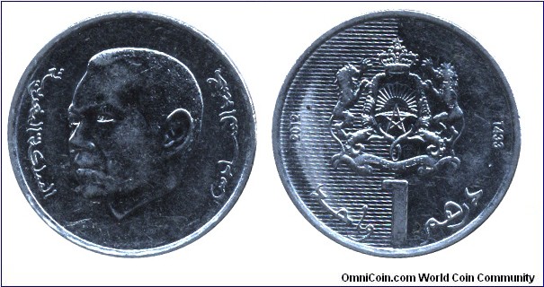 Morocco, 1 dirham, 2012, Ni-Steel, 24mm, 6g, King Mohammed VI.