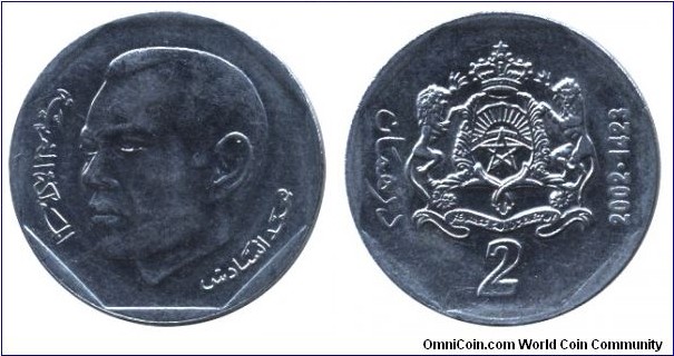 Morocco, 2 dirham, 2002, Cu-Ni, 25.9mm, 7.3g, King Mohammed VI.