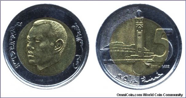 Morocco, 5 dirhams, 2011, Cu-Ni-Brass, bi-metallic, 25mm, 7.5g, Mosque Hassan II., King Mohammed VI.