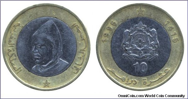 Morocco, 10 dirhams, 1995, Al-Bronze-Cu-Ni, bi-metallic, 28mm, 12g, Hooded head.