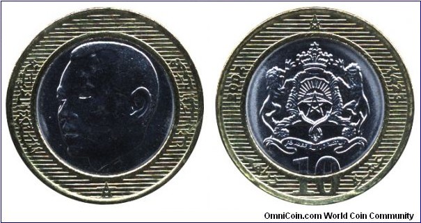 Morocco, 10 dirhams, 2002, Al-Bronze-Cu-Ni, bi-metallic, 26.9mm, 9g, King Mohammed VI.