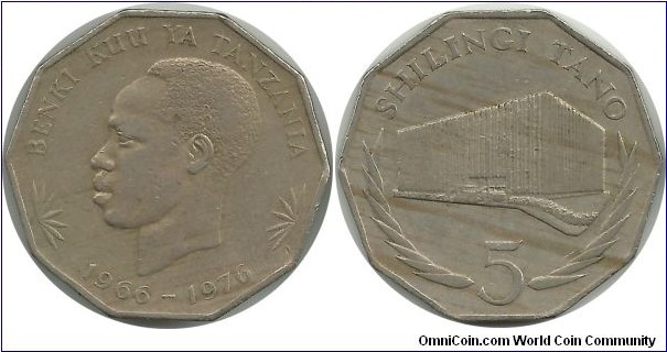 Tanzania 5 Shilingi 1976-10th Anniversary Bank of Tanzania