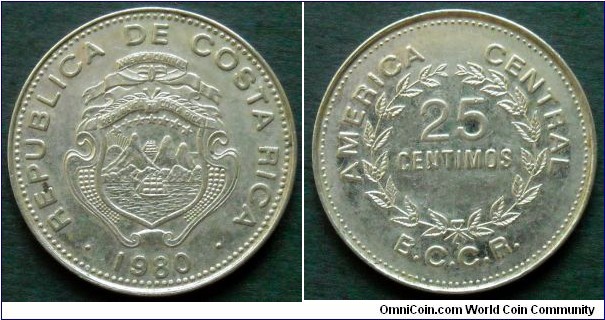Costa Rica 25 centimos.
1980, Nickel clad Steel.
