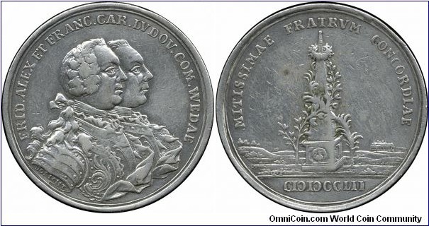 Wied-Neuwied, County, since 1784 Principality. Johann Friedrich Alexander (1737-1791AD). Silver Medal, 1752, by W. Dobicht and Q. Fritsch. 25.5g, 40.2mm. The harmony with his brother Franz Karl Ludwig.