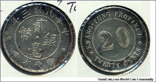 20-Cent Silver Coin, Kwang-Tung Province.