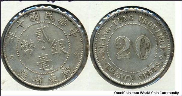 20-Cent Silver Coin, Kwang-Tung Province.