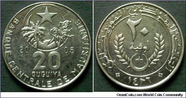 Mauritania 20 ouguiya.
2005, Nickel plated steel.