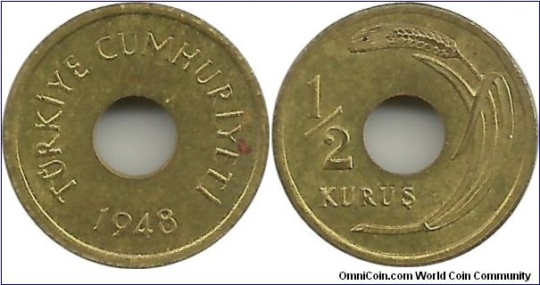 Türkiye ½ Kurus 1948 - This coin is very rare in Turkey. It is from one of my friend's collection.