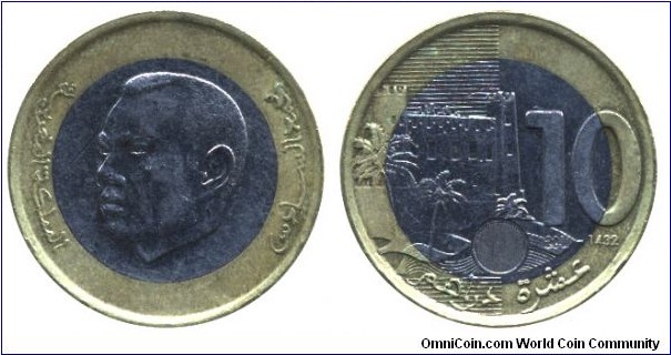 Morocco, 10 dirhams, 2011, Al-Bronze-Cu-Ni, bi-metallic, 27mm, 9g, M’gouna kasbah, King Mohammed VI.