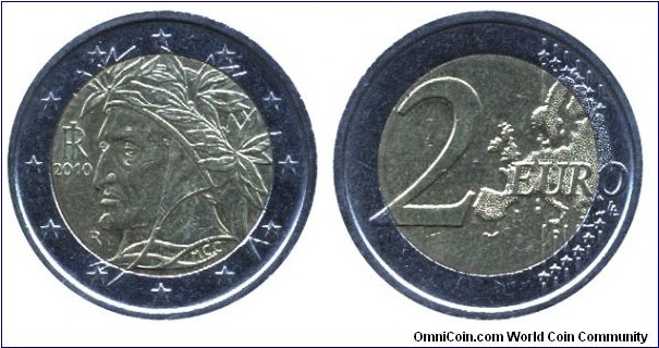 Italy, 2 euros, 2010, Cu-Ni-Ni-S, bi-metallic, 25.75mm, 8.5g, MM: Rome, Raffaello's Dante portrait, New Europe map.