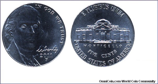 USA, 5 cents, 2011, MM. P (Philadelphia), Jefferson, Castle Monticello.
