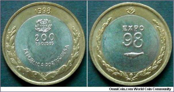 Portugal 200 escudos.
1998, EXPO'98. Bimetal.