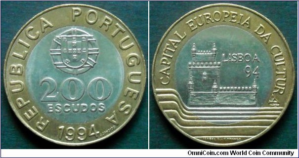 Portugal 200 escudos. Lisbon - European Capital of Culture in 1994. Bimetal.