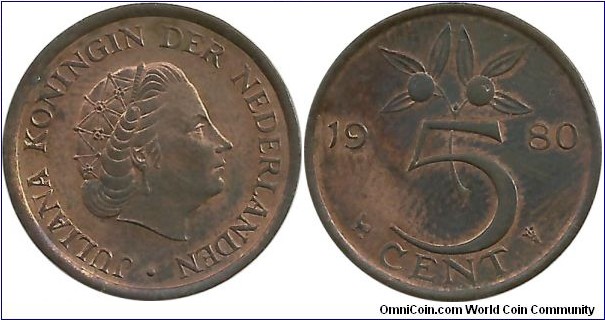 Nederlands 5 Cent 1980 - PrivyMark = Cock and Star