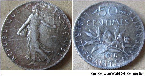 1918 50 centimes, EF conition with a nice tone