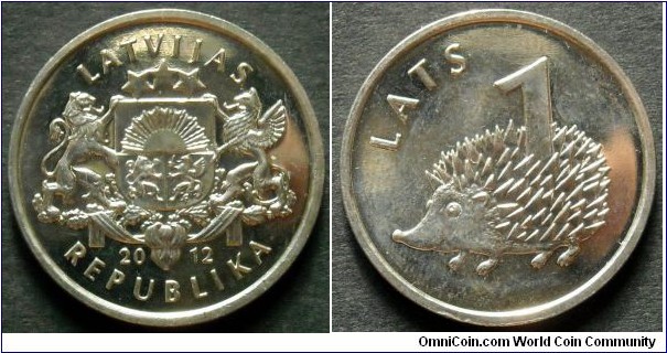 Latvia 1 lats.
2012, Hedgehog.
Cu-ni. Weight; 4,8g. Diameter; 21,75mm. Struck in Karlsruhe, Germany. Mintage: 1.000.000 units.