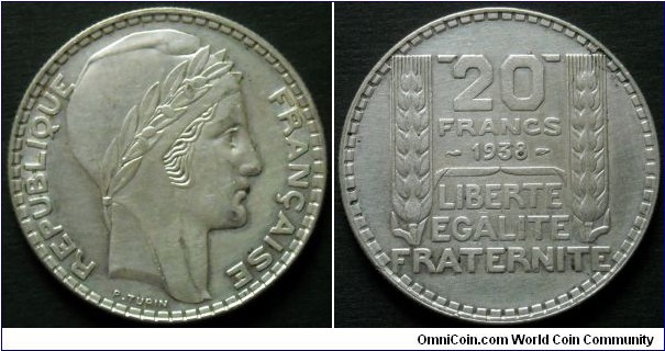 France 20 francs.
1938, Ag 680. Weight; 19,94. Diameter; 35mm.
Mintage: 10.462.216 units.