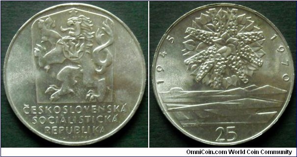 Czechoslovakia 25 korun.
1970, 25th Anniversary of Liberation of Czechoslovakia.
Ag 500. Weight; 10g.
Diameter; 30mm.
Mintage: 95.000 units.