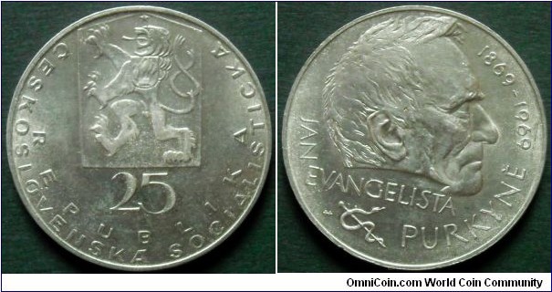 Czechoslovakia 25 korun.
1969, Jan Evangelista Purkyne.
Ag 500. Weight; 16g.
Diameter; 30mm.
Mintage: 50.000 units.