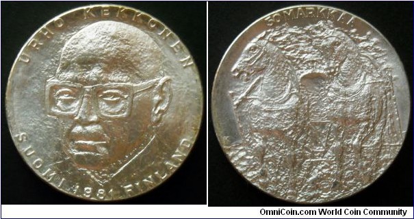 Finland 50 markkaa.
1981, 80th Birthday of President Urho Kekkonen.
Ag 500. Weight; 20g.
Diameter; 30mm.
Mintage: 500.000 units.