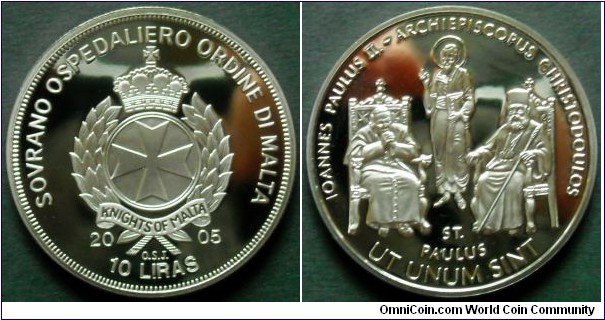 Order of Malta 10 liras.
2005, Pope John Paul II and Archbishop Christodoulos.
Cu-ni. Weight; 31,1g.
Diameter; 40mm.
Mintage: 1.000 units.