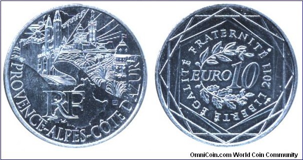 France, 10 euros, 2011, Ag-Cu, 29mm, 10g, Provence-Alpes-Cotes d'Azur.