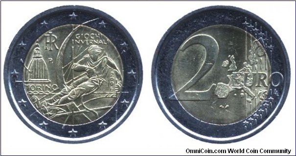 Italy, 2 euros, 2006, Cu-Ni-Ni-Brass, bi-metallic, 25.75mm, 8.5g, Skier Giochi Invernali, Torino Winter Olympic Games, 2006.