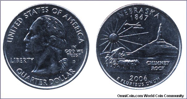 USA, 1/4 dollar, 2006, Cu-Ni, 24.26mm, 5.67g, MM: Denver (D), Nebraska - 1867, Chimney Rock, G. Washington.