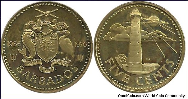 Barbados 5 Cents 1976-10th Year of Independence (Proof Mint)