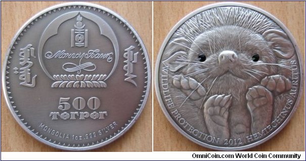 500 Togrog - Long eared hedgehog - 1 oz Ag 0.999 silver antique finish - mintage 2,500