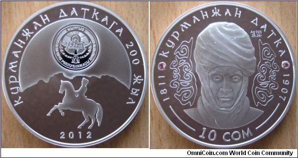 10 Som - 200 years of birth of Kurmanjan Datka - 28.28 g Ag .925 Proof (with two Swarovski crystals) - mintage 2,000