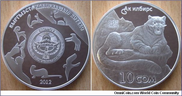 10 Som - Snow leopard - 28.28 g Ag .925 Proof (with two Swarovski crystals) - mintage 3,000