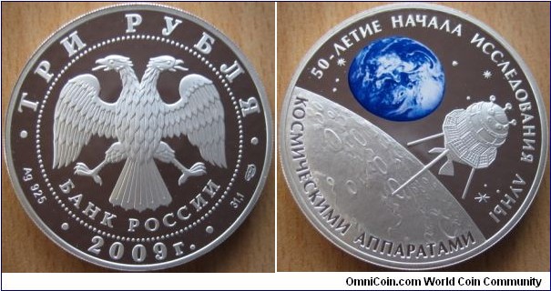 3 Rubles - 50 years of the moon research - 33.94 g Ag .925 Proof - mintage 5,000