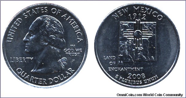 USA, 1/4 dollar, 2008, Cu-Ni, 24.26mm, 5.67g, MM: P, New Mexico - 1912, Land of Enchantment, G. Washington