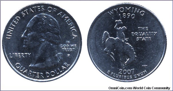 USA, 1/4 dollar, 2007, Cu-Ni, 24.26mm, 5.67g, MM: P, Wyoming - 1890, The Equality State, G. Washington