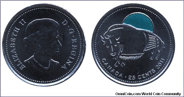 Canada, 25 cents, 2011, Color coin, Wood Bison,  Queen Elizabeth II.