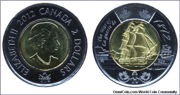 Canada, 2 dollars, 2012, bi-metallic, The War of 1812, HMS Shannon, Queen Elizabeth II