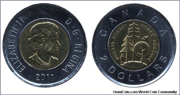 Canada, 2 dollars, 2011, bi-metallic, Boreal Forest, Queen Elizabeth II.